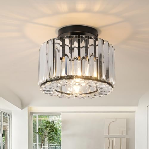 ZYDTRIP Crystal Semi Flush Mount Ceiling Light Fixture - Modern Black Chandelier for Living Room, Hallway, Dining Room, Kitchen