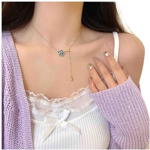 Dervivea Collier Lariat Boho Collier Pendentif Fleur Rose Noire Collier Fleur Camélia Collier Boule Ronde Collier Pendentif Bijoux Pour Femmes Et Filles