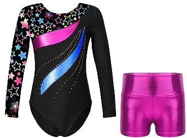iEFiEL Mädchen Turnanzug Langarm Gymnastik Trikotanzug Glänzende Turnen Set Klassisch Gymnastikanzug Kinder Tanzbody Xc Stern Schwarz 122-128