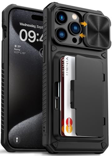 Vihibii Coque pour iPhone 15 Pro Max avec porte-cartes (4 cartes), coque d'appareil photo coulissante et béquille, protection de qualité militaire contre les chutes, dos rigide robuste et bords en