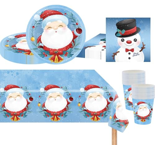 53PCS Christmas Tableware Set for 16 Guests - Blue Xmas Dinner Table Decorations with 9 inch Paper Plates, Cups, Napkins and Tablecloth