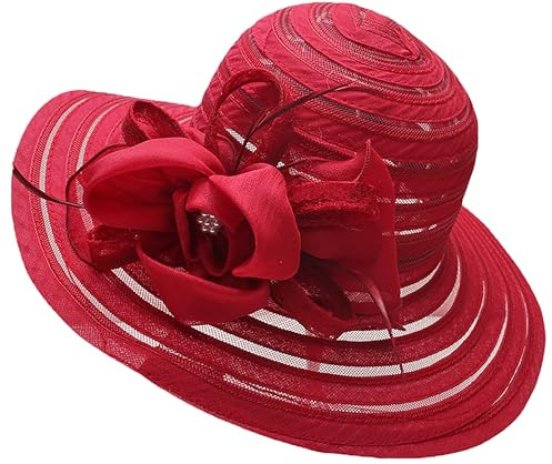 HilyBony Kentucky-Hut mit breiter Krempe, Organza-Derby-Hut, Braut, Hochzeit, Kirche, Teeparty, breite Krempe, Sommer-Sonnenkappe, rot, M