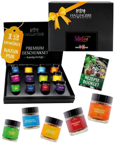 Hallingers Genuss Manufaktur Gewürz Geschenk-Set - 12 Gewürze aus aller Welt in wertiger Geschenkbox mit Rezept-Booklet Selection, Geschenkidee für Frauen Männer