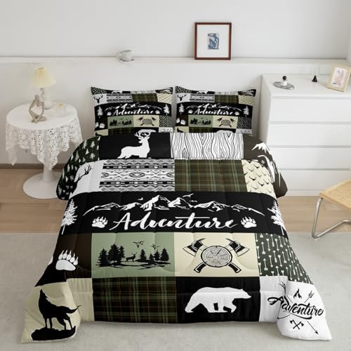 Castle Fairy Bettwäsche-Set mit Hirschgeweih, Bär, Kiefernpfeil, Jagd, Abenteuer, Schlafzimmer-Kollektion, Camper, Retro, grünes Karomuster, Bettwäsche-Set für Mädchen, Teenager