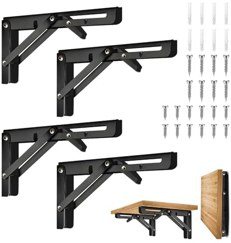 4 Pièces Équerre Pliante 25cm,Support Console Pliable,Supports D' étagères Pliants Charge,Equerre Etagere,Lourds Support Console Pliable Rétractable Murale en Acier Inoxydable pour Garage,Cuisine-Noir