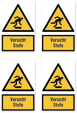 Aufkleber: 112.5x75 mm, 4 Stück - Vorsicht Stufe - Warnzeichen mit Text (deutsch) (gelb/schwarz) - hochkant - W007 - DIN EN ISO 7010 / ASR A1.3