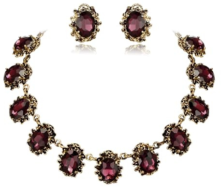 Clearine Victorian Style Statement Necklace Pierced Earrings Jewellery Set for Women Crystal Floral Cameo Inspired Oval Party Prom Jewelry Amethyst Antique-Gold-Tone
