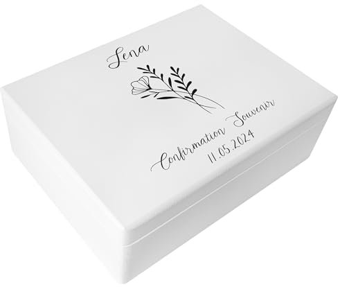 Creative Deco Weiß Personalisiert Kommunion/Konfirmation/Jugendweihe Geschenke für Mädchen und Jungen - Holzkiste | Blumen Motiv | Individuelle Geschenk Erinnerungsbox | Erstkommunion Deko