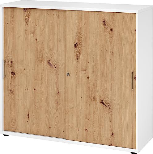 bümö Schiebetürenschrank 3OH - Aktenschrank abschließbar, Sideboard Schrank mit Schiebetüren in Weiß/Asteiche, Bügelgriff - Büroschrank aus Holz mit Schiebetür, Büro Kommode für Ordner & Co.