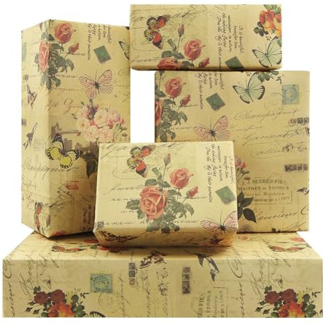 Geschenkpapier mit Vintage-Rosen, 6 Bögen, Retro-Blumenmotiv, Schmetterling, Geschenkpapier, Postkarte, Rose, Blumen, gefaltetes Kraftpapier, gefaltet für Geburtstag, Muttertag, Hochzeit, Weihnachten,