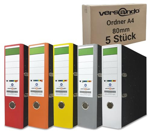 versando Farbmix Sommerfarben 5x breiter Premium Ordner DIN A4 Aktenordner 8cm Ringordner - Blauer Engel zertifiziert - weiß grau rot orange gelb