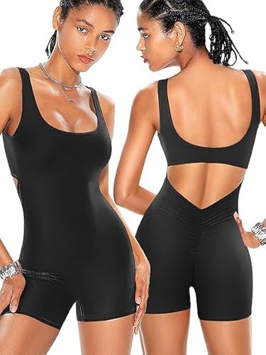Hanaoops Damen Jumpsuit Kurz Eng Scrunch Butt Yoga Bodysuit Sexy Rückenfrei Ärmellose Einteiler Romper Sommer Stretch One Piece Ganzkörperanzug Mode Fitness Workout Sport Playsuit Outfits