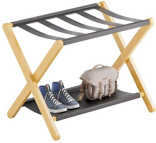 vovala Porte-bagages, porte-valise pliant avec étagère de rangement, Porte-bagages en bambou de qualité supérieure pour chambre d'amis, chambre à coucher, hôtel, supporte jusqu'à 61 kg (Naturel)
