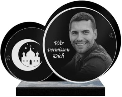 ETERNEL - Personalisierte Grabplatte Doppelkreis Islam Foto und Text anpassbar, lasergravierte Grabplatte für Hommage, Friedhofsplatte, Totenfeier, Zeremonie, Grabstätte