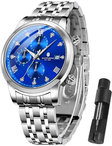 SAPPHERO Orologio da Uomo in Acciaio Inox 50m Impermeabile, Luminoso ed Elegante con Data Analogico al Quarzo - Regalo Perfetto Argento-Blu