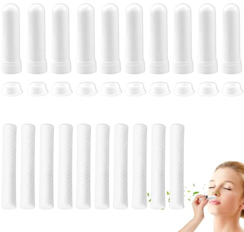 HSKRKOW 10 Stück Wick Inhalierstift Mit 10 Tampons, Riechstifte Für Ätherische Öle, Naseninhalator Stift Riechstäbchen Mit Docht Nachfüllbarer Inhalator Stick (Weiß)