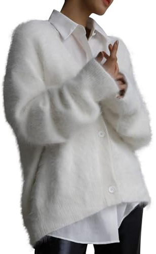 COZYPOIN Cardigan pelucheux en mohair ouvert sur le devant et col en V à manches longues pour femme
