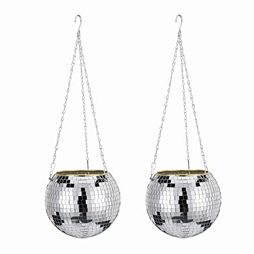 2 Pack Disco Ball Hanging Planters 20CM Mirror Disco Ball Planter with Hooks Chain Wall Mounted Flower Plant Basket Decor for Plants Silver Disco Ball Plant Hangers