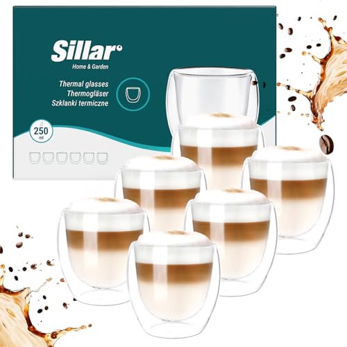 Sillar Lot de 6 Verres à Café à Double Paroi en Verre Borosilicate 250 ml, Grands Verres Thermiques à Double Paroi, Verres à Latte Macchiato, Verres à Cappuccino,Verre à Café