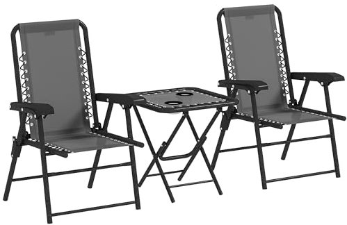 Outsunny Conjunto de Mesa y Sillas de Terraza Exterior de 3 Piezas Muebles de Jardín Exterior Plegables con Estructura de Acero y Portavasos para Patio Gris Oscuro
