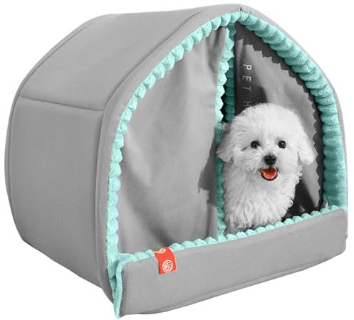 Cozy Dog House Bed, Enclosed Outside Dog House with Door, 15.35x14.17x14.17 inches Soft Comfortable Puppy Tent, Gray Beds Outsides for Pet Home, Polyester + PU + Sponge