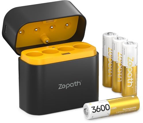 Zepath Rechargeable Battery AA Lithium 4-Pack with Charger, 3600mWh High Capacity Batteries Low Self-discharge, 1.5V Constant Output AA Lithium Batteries for Xbox Blink Camera Flash