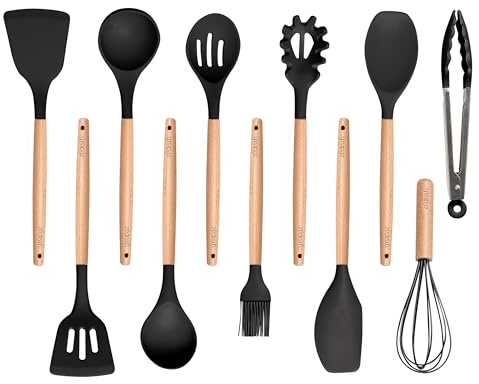 ZEDEAH 11-Piece Silicone Kitchen Utensils Set with Non Toxic Spatula, Tongs, Whisk, Turner & Ladle – Heat Resistant, Non-Scratch Cooking Tools with Wooden Handles, BPA-Free, Dishwasher Safe (Black)