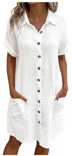 Robe Femme Ete Manches Courtes, Robe Chemise Femme Col en V Boutons Couleur Unie avec Poches Mi-Longue Rétro Comfortable Décontracté Chic Et Élégants Plage Baggy Bohème Tee Shirt Dress