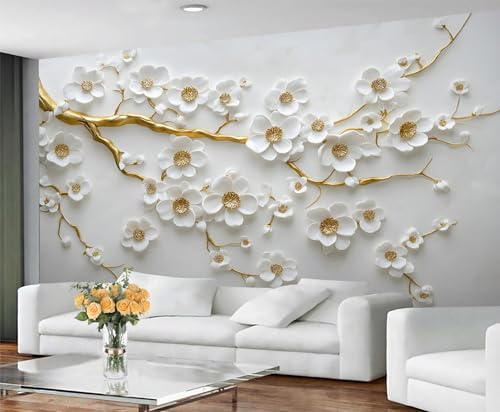 YXQAIED 3D Mural Photo Wallpaper Flower Tree 350x256cm Gold Tree Flower Backdrop Wall Interior Decor, Orchid Plant Wall Paper 3D for Bathroom Restaurant Hallway Decor (Not Peel and Stick)