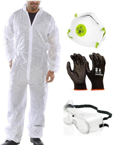 OS Smart Choice Lightweight Disposable Overall Set, 5 Overalls with Masks, Gloves and Goggles, Laboratory Protective Wear, Non-woven Polypropylene (White, LARGE)