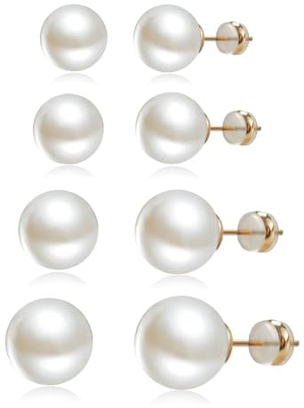 4 Pairs Pearl Stud Earrings 14K Plated Gold Sterling Silver Post Hypoallergenic Earring stud Round Large size Simulated pearl 8mm-14mm Set Earrings for women