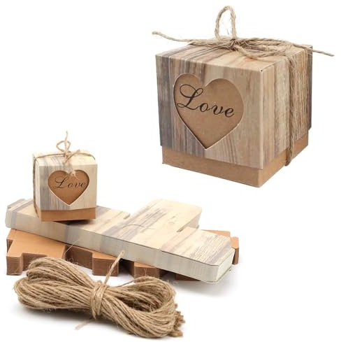 HASLED Geschenkverpackung Box 5x5x5 cm (50 Stück) - Kraftpapier Faltschachteln, Geschenkbox Kleinmit Schnur für Süßigkeiten, Taufbonbons & Liebesgeschenke