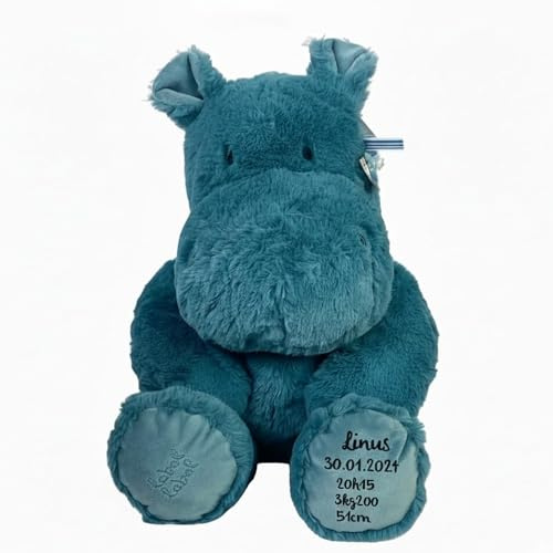 Mainely Kuscheltier personalisiert Baby, Hippo 26cm, Taufgeschenk, Geschenk Geburt Junge, Stofftier mit Namen, Baby Geschenk