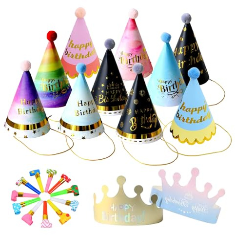 Axvxby 22 Stück Kinder Partyhüte Set Partyhüte und Kronen Geburtstagsparty-Set 2 Papier Krone Hut 10 Party Kegel Hüte 10 Kindergeburtstag Tröte Geburtstag Dekoration für Familienfeiern