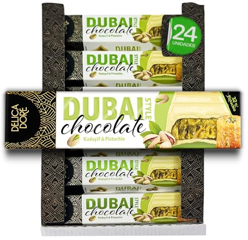 Chocolate Blanco estilo Dubái con Pistacho 32% y Kadayif – Caja de 24 Tabletas de Chocolate Gourmet Rellenas 50% de Crema de Pistacho – Premium 70g