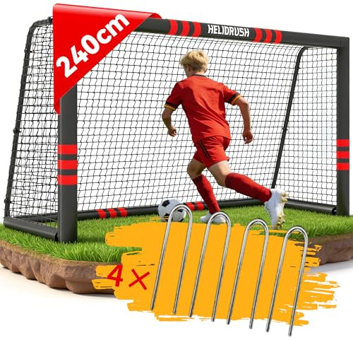 HELIORUSH Fußballtor - Anti-Rost Stahlrohr Wetterfestes Fussballtor mit EPE-Polsterung & 33-Strängigem PE-Netz - Profi Fussballtore für Garten Kinder & Erwachsene Outdoor inkl. U-Erdnägel 240 x 160 cm