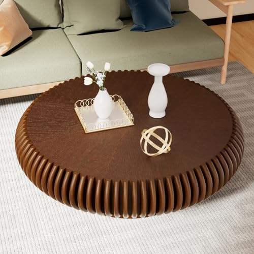 SOUWOFS 80CM Runder Couchtisch, Walnuss | Moderner Beistelltisch, Handgefertigt, Trommel-Couchtisch mit Massivholzrelief, Holzgeriffelter Mitteltisch, Für Wohnzimmer