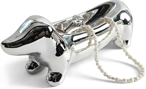 Zosutetoxo Ringhalter Dackel Silber Keramik - Jewellery Holder & Necklace Storage Schale - Hund Deko Figur für Damen - Kleiner Schmuckteller