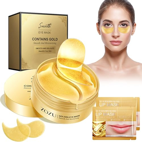60PC Augenpads+2 Lippenmaske Geschenke für Frauen&Männer,24K Gold Eye Patches Gegen Augenringe,Entfernen,Tränensäcke,Falten,Puffiness,Kühlende Hyaluronsäure-Augenpflaster Eye Pads