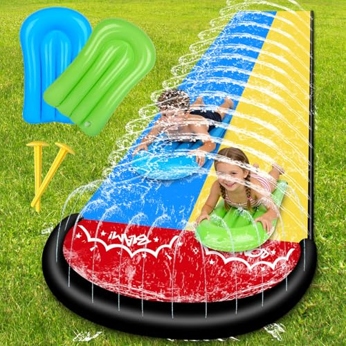 Wasserrutsche Garten für Kinder, 15.8ft/480cm Wasserrutschmatte mit 2 Bodyboards, Aufblasbare Wasserrutsche mit Eingebautem Sprinkler, Sommer-Wasserspielzeug,Doppelrutsche für Rasenflächen und Outdoor