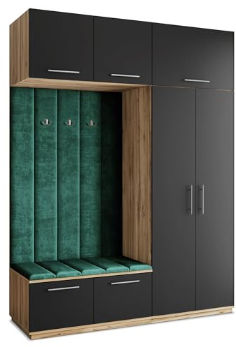 Masseno Flugarderoben Set Rema, Kleiderschrank-Set mit Sitzbank, Garderobenschrank Flur mit 5 Regalböden, Eiche Wotan/Schwarz