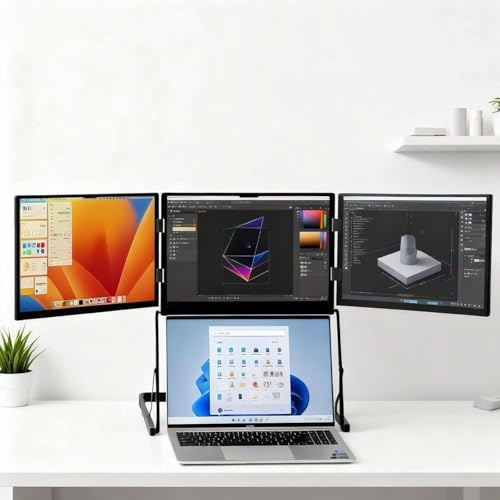 15.6in Laptop Tri-Fold Monitor, 1920 x 1080 FHD Portable Laptop Screen Extender, Extended Screen with 360° Rotation Acjustable Viewing Angles Fits 13–17 Laptops, Windows/Mac/Android