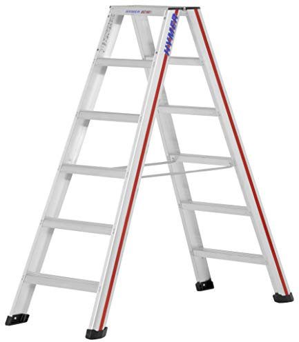 Hymer Stufenstehleiter 2x6 Stufen (beidseitig begehbar, Spreizsicherung, große Lederschuhe, Standhöhe ca. 0,91 m) 602412