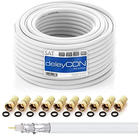 deleyCON HQ 20m SAT Koaxial Kabel 130dB - 4-fach geschirmt für DVB-S - S2 DVB-T und DVB-C - Stahl/Kupfer Innenleiter - 4K 1080p FULL HD HDTV - inkl. 10x vergoldete F-Stecker
