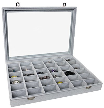 Schmuckkasten Schmucklade Schaukasten Schmuckdisplay mit Glasdeckel grau (36 Fächer)