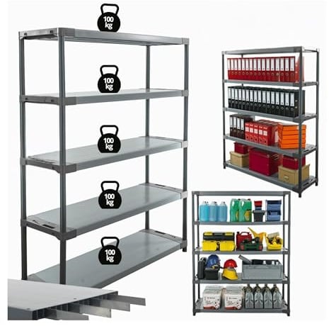 MODO24 Plastikregal Kunststoff- Steckregal Werkstatt- Kellerregal Höhe 180 cm Tytan (150 cm, Grau)