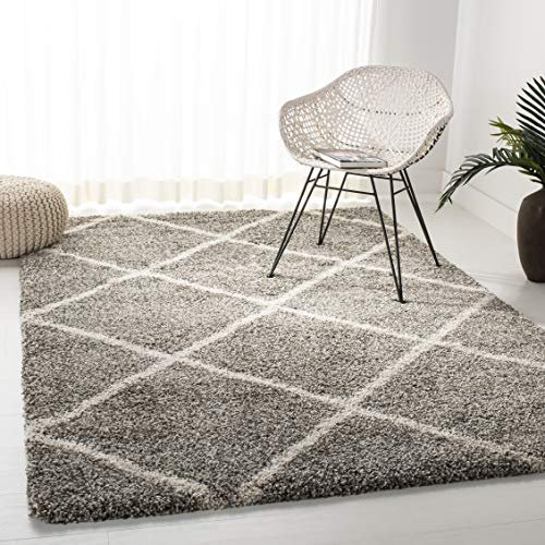 SAFAVIEH Zottelig Teppich für Wohnzimmer, Esszimmer, Schlafzimmer - Hudson Shag Collection, Hoher Flor, Grau und Elfenbein, 155 X 229 cm