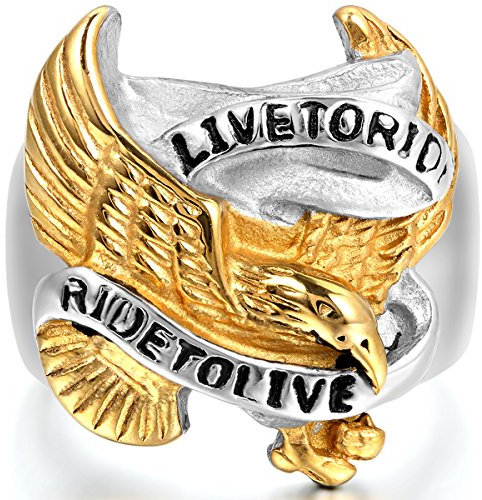 JewelryWe Ringe Herren Edelstahl Adler: Biker Herren-Ring Live to Ride - Ride to Live Retro Adler Falke Flügel Band Männer Ring mit Gravur Gold Schwarz Silber Größe 74
