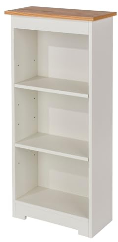 Core Products Colorado Low Narrow Bookcase, 3-Shelf Adjustable Storage Unit, Soft White Painted Finish, Rustic Scandinavian Oak Woodgrain Top, Bedroom & Living Room Furniture