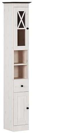 Cornelia Hochschrank Weiß, 30 x 30 x 176 cm, Badschrank aus massivem Kiefernholz mit 1 Tür und Schublade, Aufbewahrungsschrank im Landhausstil für Badezimmer, Flur und Schlafzimmer